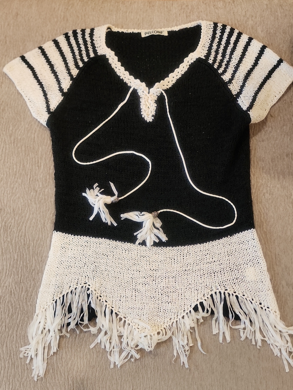 Vintage Pelconf Boho Knit Fringe Short Sleeve Top Size S